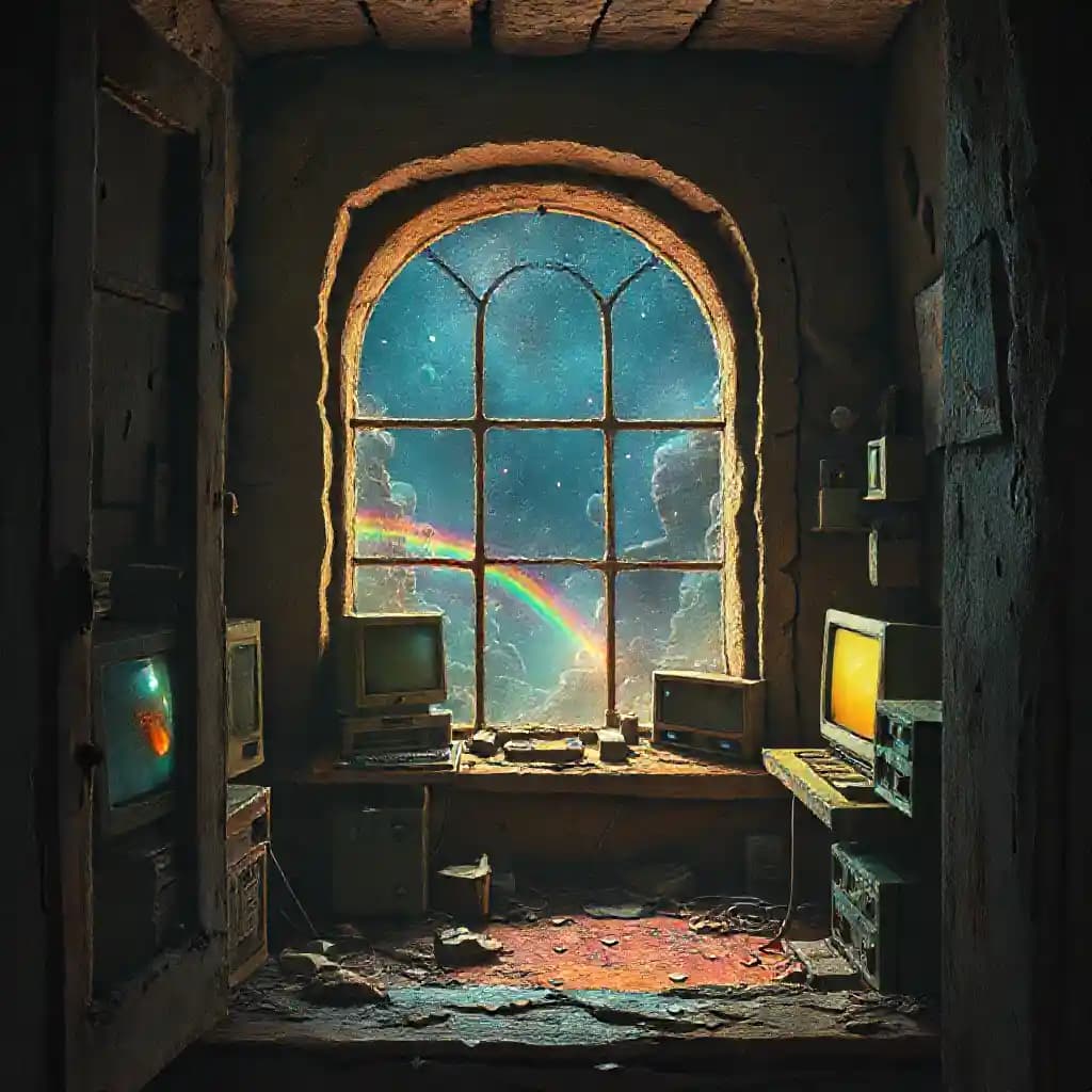 In an ancient, dilapidated children's chamber, the window reflects a relic gamer's paradise. Outdated computers, flickering cyberpunk lights, faded rainbow mist lingering. The atmosphere is nostalgic, filled with echoes of past technology. The art style is weathered, worn, and aged, capturing a bygone era of tech and fantasy. The essence is whimsical, brimming with memories and the passage of time.