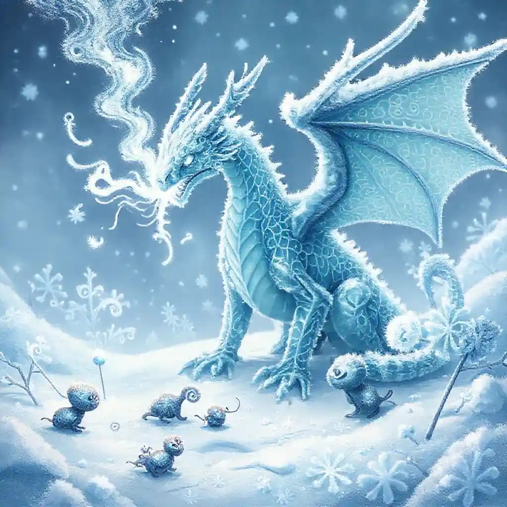 "In an icy fairytale, the "Frostbite Snowflake Dragon" breathes frost onto intricately frosted snowflake patterns. Skinny ice cube critters with frostbitten swirls scurry in frosty snow valleys. Ice shard lollipops, dusted with frost, spin ominously as snowflake scepters. The art style is chillingly intricate, detailed, and eerily sweet."