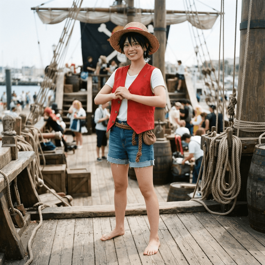 a young pirate in a red vest, straw hat, blue shorts and a scar under one eye, cosplay reference, full body, standing portrait