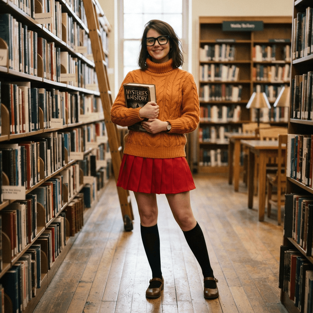a bookish girl in an orange turtleneck sweater, red pleated skirt, knee socks and thick square glasses, cosplay reference, full body, standing portrait