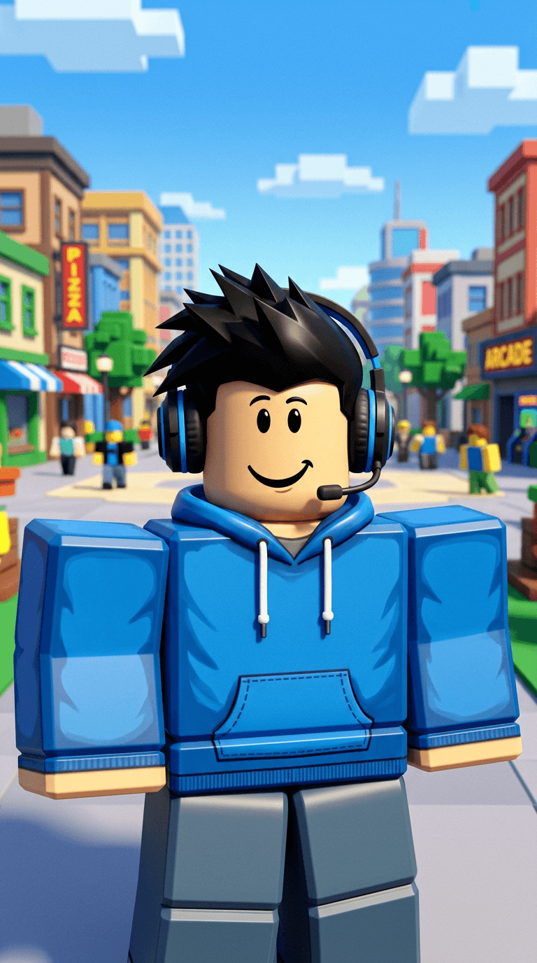 Original Roblox avatar in the classic Roblox 3D style: a blocky character with a cool blue hoodie, headphones, spiky black hair and a happy face, plastic toy shading, bright Roblox city plaza in the background. Portrait framing from the waist up, face in the upper third of the frame, one character only. No text, no logo, no watermark.