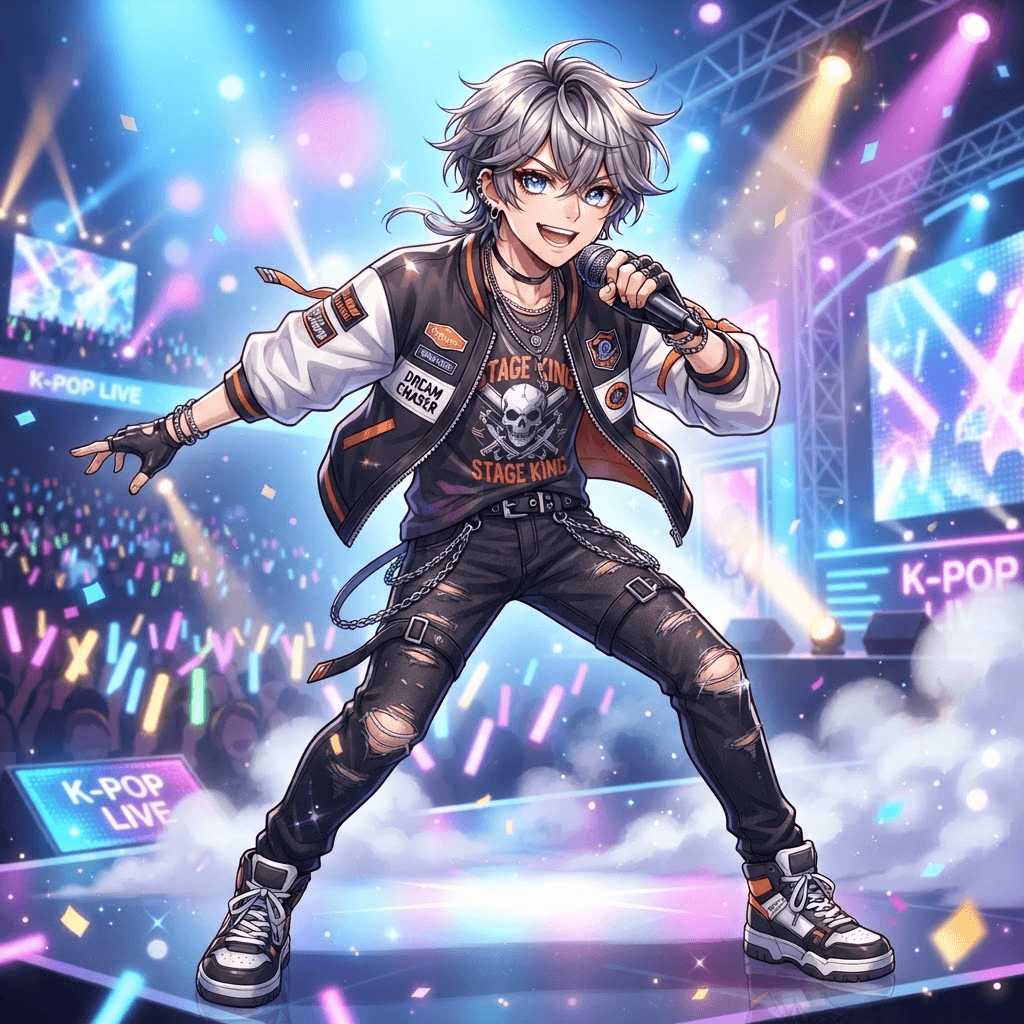anime style k-pop idol boy, stylish silver hair, glowing stage lights, sparkling eyes, trendy streetwear, dynamic idol pose, clean soft gradient studio background, vibrant, crisp high detail, digital anime illustration
