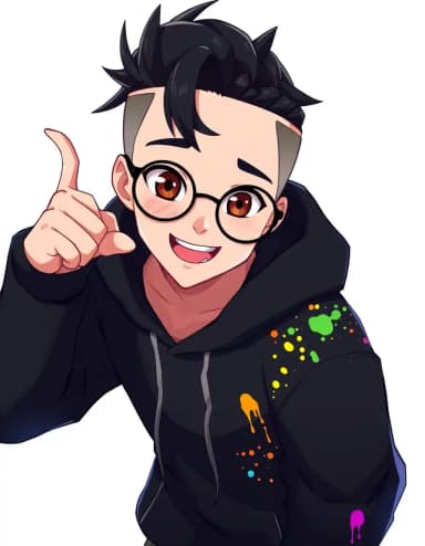 A cartoon VTuber with glasses and a paint-splattered hoodie