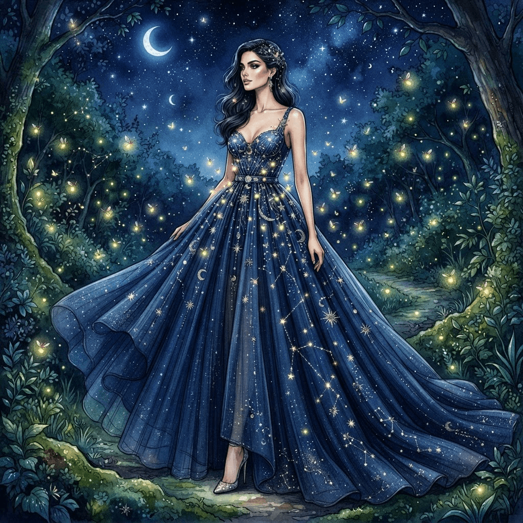 enchanted night fashion, starlit tulle gown, glowing firefly accents, deep midnight blue, full length gown look, fashion illustration, full body