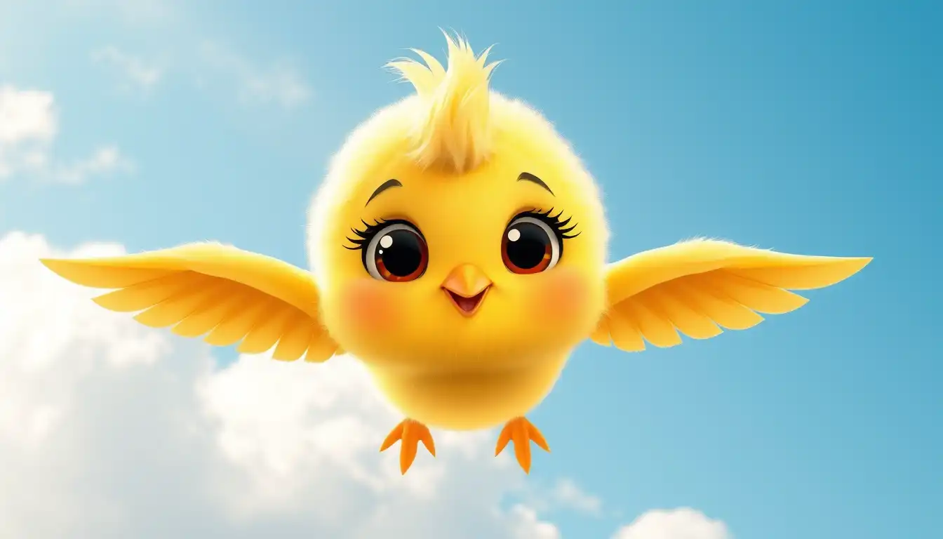 "3d ultra hd cartoon background cartoon cloudes cute eyes cloude A super cute yellow baby chidiya with big round eyes and long eyelashes flying high in the blue sky, wings spread wide, fluffy feathers moving, happy smiling face, "soft cartoon faced clouds like eyes around," morning sky, joyful kids rhyme illustration, 3D ultra HD cartoon style, no blur, no glow"