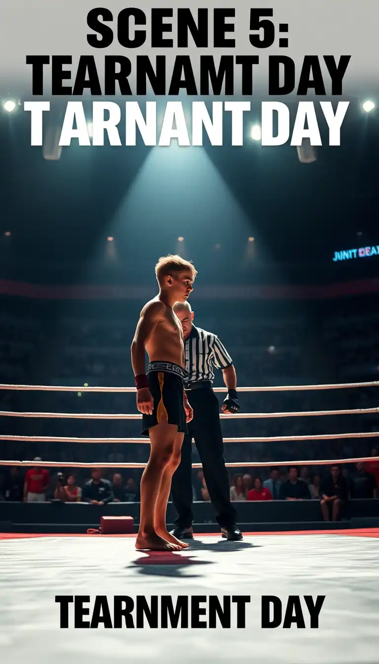 SCENE 5 — TOURNAMENT DAY
Prompt:
Cinematic martial arts tournament scene, young fighter standing barefoot on a competition mat inside a crowded arena, opponent facing him, referee between them, spotlight lighting from above, crowd blurred in background, dramatic tension, cinematic color grading, ultra-realistic, inspirational sports movie still, 4K
