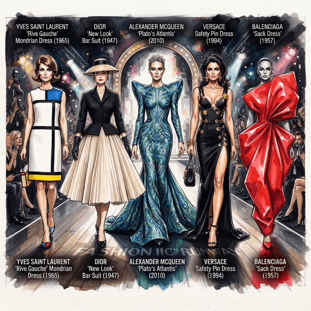 iconic trend fashion, greatest hits runway looks, bold recognizable silhouettes, full length gown look, fashion illustration, full body