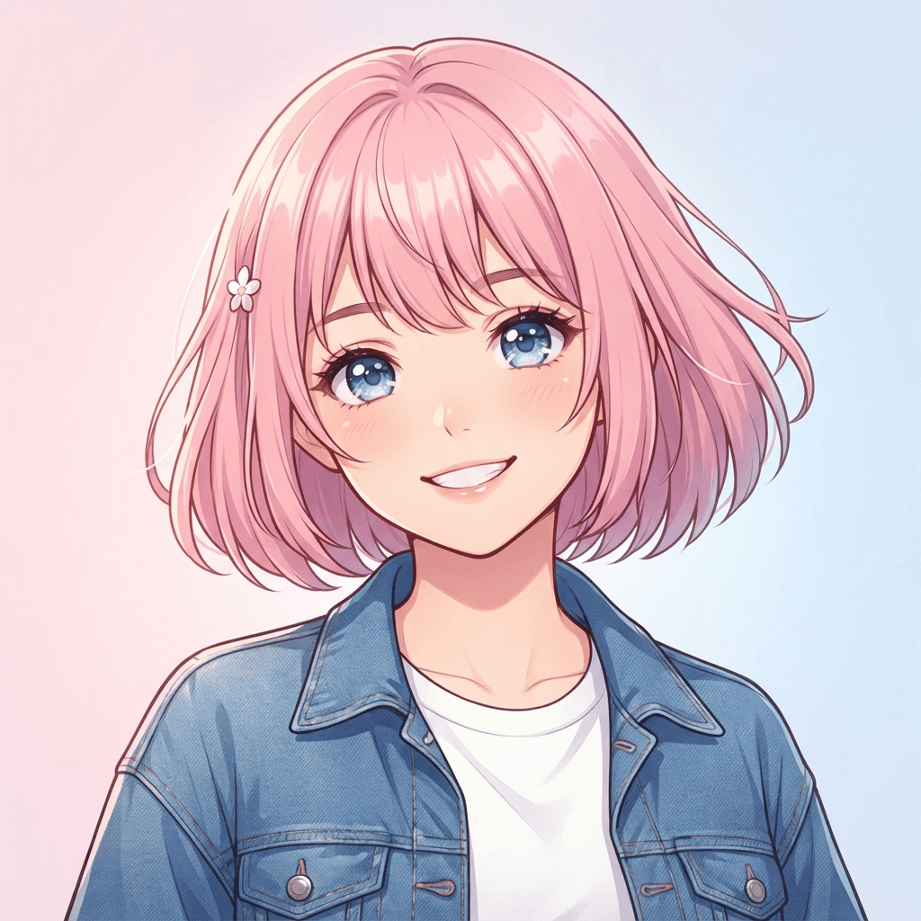 Close-up head and shoulders portrait avatar of an original anime girl with a short pastel pink bob and sparkling blue eyes, denim jacket over white tee, gentle warm smile, clean cel-shaded anime style