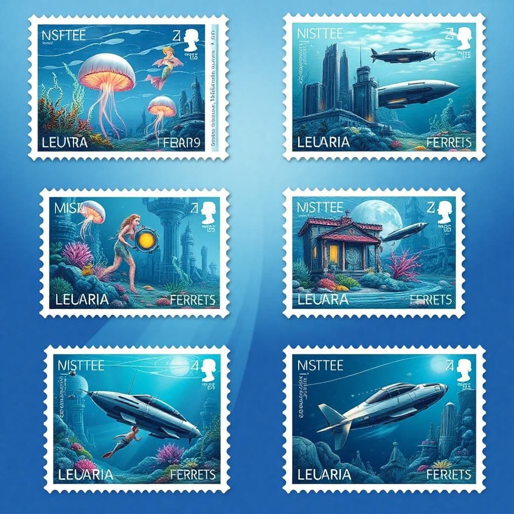 A series of postage stamp designs featuring a futuristic underwater city, each stamp showcasing a different element such as glowing jellyfish lamps, mermaids swimming among coral gardens, and sleek submarines zooming through crystal-clear water. Each stamp should capture the essence of this underwater world in a unique and artistic way, reminiscent of a journey through a mysterious and enchanting aquatic realm.