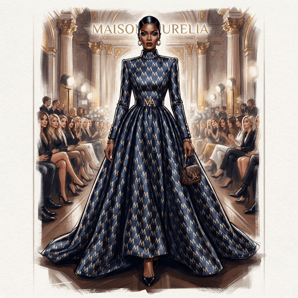 designer brand fashion, monogram logo styling, luxury fashion house aesthetic, full length gown look, fashion illustration, full body