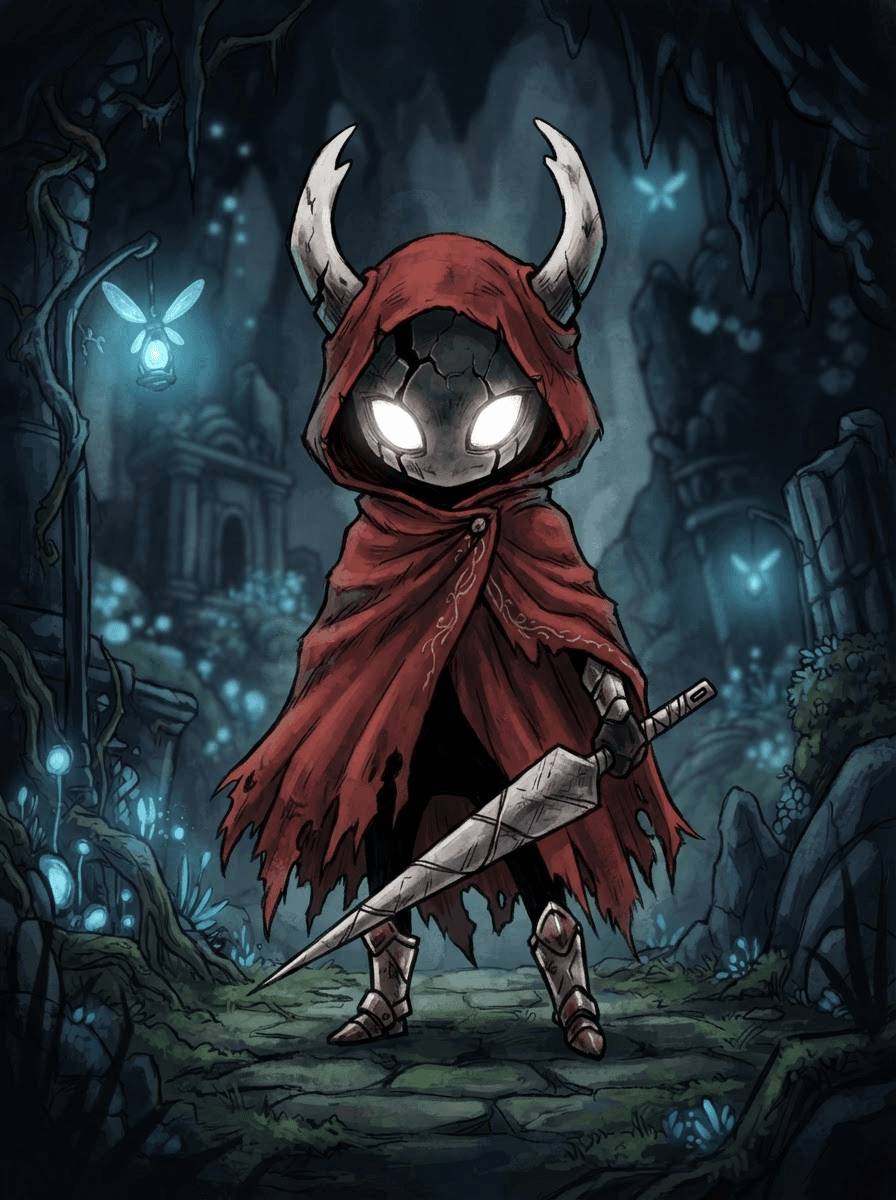 Vessel with cracked shell, hooded scarlet cloak, jeweled gaze, sword nail, in the style of Hollow Knight, hand-drawn gothic 2D art, muted blues and blacks with glowing white eyes, painterly hollow-shell bug character, full-body character portrait, centered, relaxed lively stance