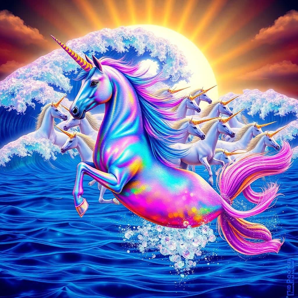 The subject morphs into a celestial, equine-human hybrid, a fusion of a unicorn as a mermaid, with iridescent scales shimmering like the rising sun on rippling oceans. One thousand dazzling, rainbow-colored unicorns swim in tandem with the transformed subject, each playing an ethereal instrument.
Behind the duo, a kaleidoscope of waves unfolds, each one a gateway to different unseen worlds, reflecting an endless expanse of mystical lands and unseen wonders. As the unicorns frolic, the ebb and flow of the tide is mimicked by their horn's steady pulsing rhythm, filling the air with a vibrant, pulsating light.