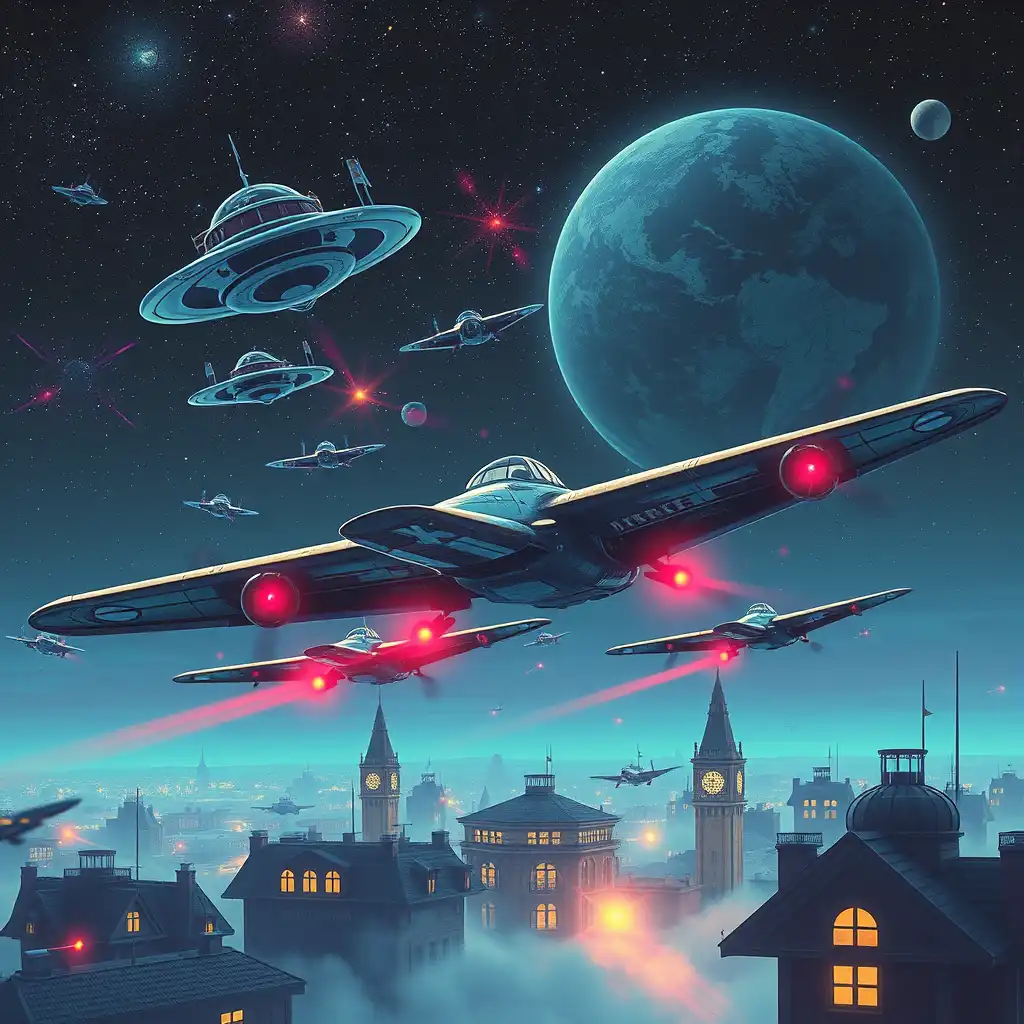 Synthwave ,WWII war planes over buildings, UFO,galaxy,planets, synthwave