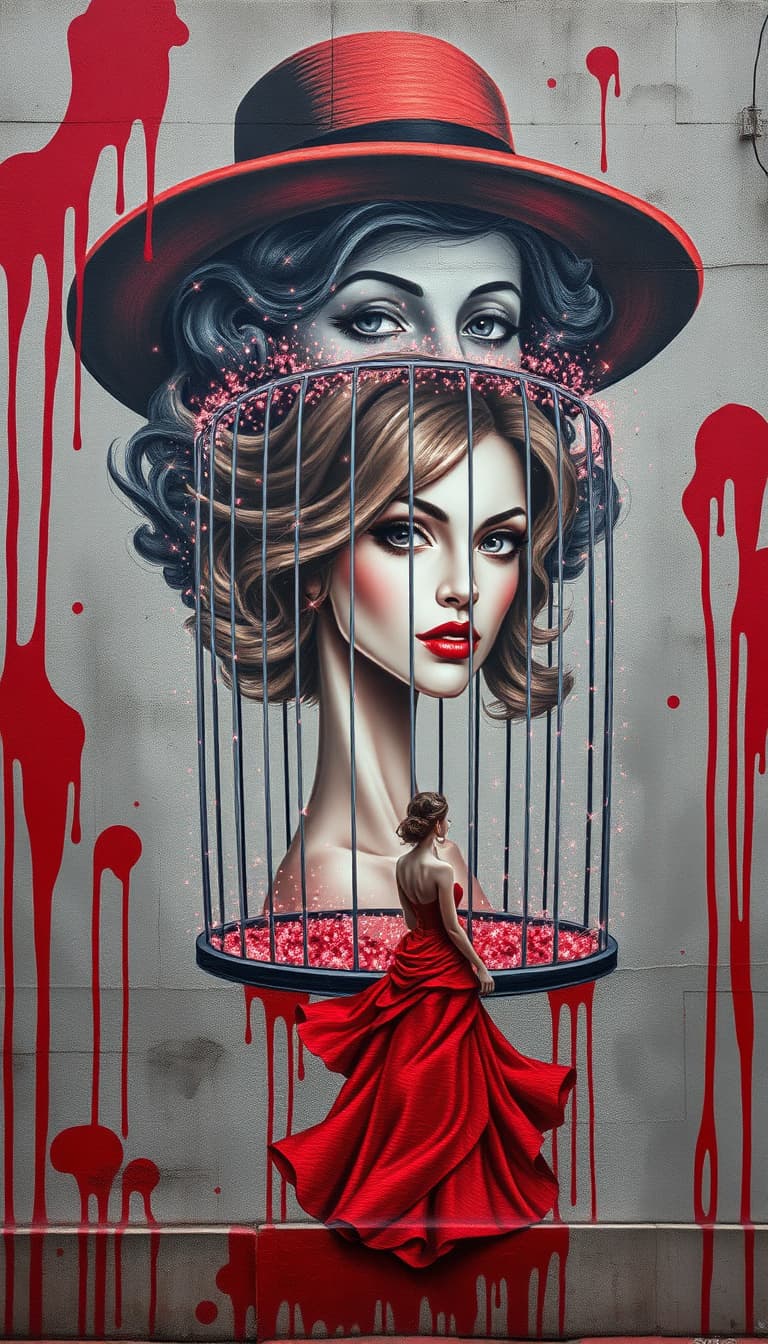 a surreal, cinematic street-art inspired composition on a weathered concrete wall, infused with the loose, expressive brushstrokes of impressionism. a large grayscale portrait of a mysterious woman with soft features and wavy hair is painted on the wall, wearing a bold, wide-brimmed red hat, her features blending into the background as if lost in the haze of a summer day. amidst the melting red paint, a close-up, shoulders-up caricature portrait of ava queen emerges, trapped in a mesmerizing glass cage, its surface a kaleidoscope of 1000 tiny glinting neon led lights, surrounding ava queen like a halo of luxury, with her pastel chestnut hair and soft glow effect shimmering in perfect harmony. the glass cage appears as a canvas of millions of tiny, glossy diamonds, creating a mesmerizing bling effect, as if the stars themselves have descended to adorn ava queen's crown. in the foreground, a smaller elegant woman in a flowing red dress and matching red hat stands gracefully, her dress transforming into dynamic splashes of vivid red liquid paint, expanding outward in a powerful motion, as if merging with the mural behind her. the paint forms fluid, organic shapes with droplets frozen mid-air, blending reality and art. the ground is dark, gritty, and slightly wet, enhancing the moody atmosphere. the background wall is textured with cracks, stains, and peeling plaster, adding depth and realism. lighting is soft and cinematic with high contrast, emphasizing the red tones against the muted grayscale environment, as if the very essence of the scene is being captured in fleeting, shimmering moments.