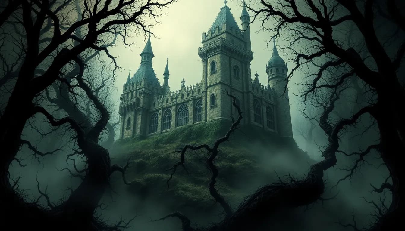 The castle covered by thorns
A hidden castle surrounded by thick twisted thorny vines and dark enchanted forest, mist in the air, mysterious and magical atmosphere, dramatic fantasy landscape, detailed storybook art.
