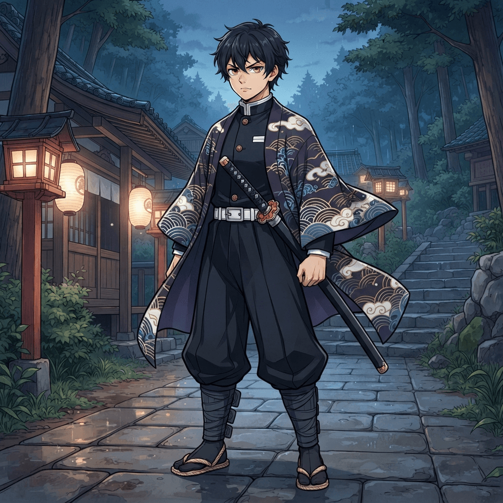 a taisho era demon slayer character base in a dark corps uniform with a patterned haori, clean lines