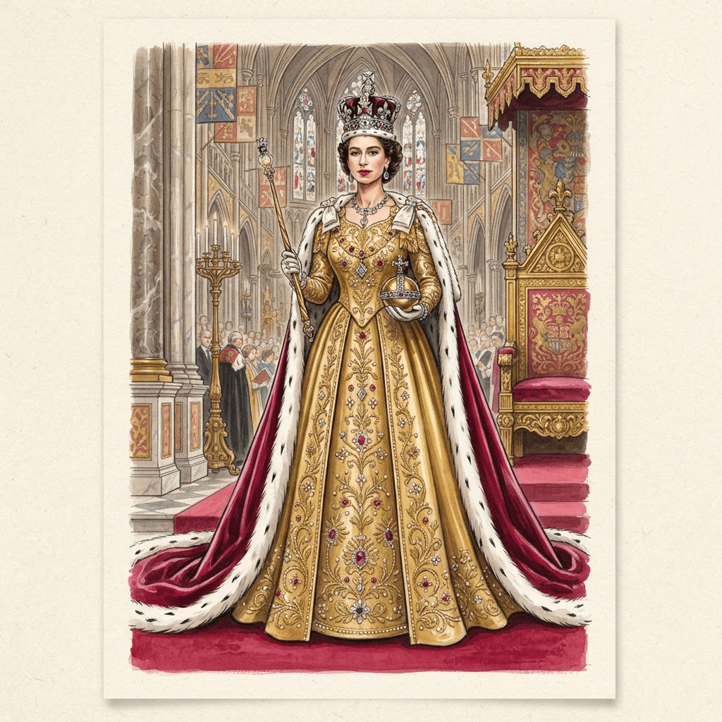 coronation fashion, royal ermine trimmed robe, jeweled crown, regal gold gown, full length gown look, fashion illustration, full body