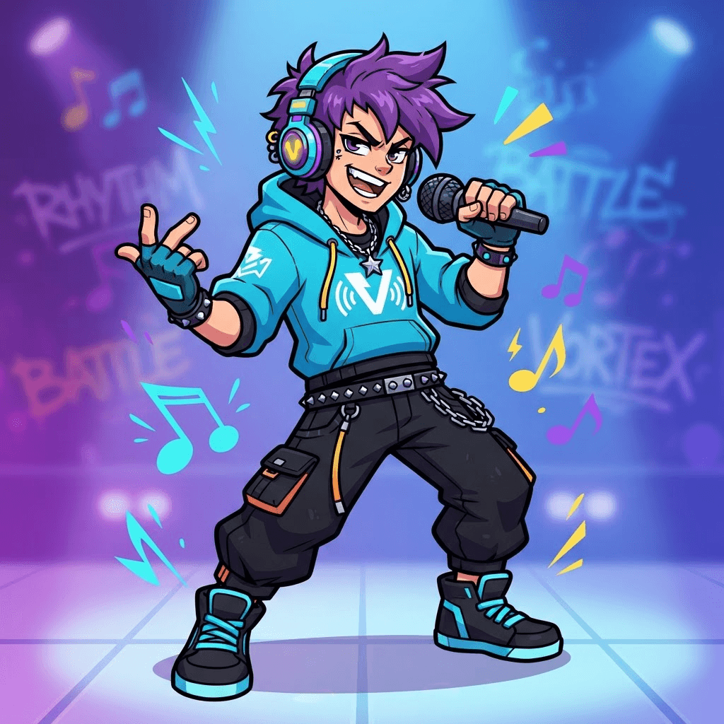 Original rhythm game character, spiky purple hair, cyan hoodie and headphones, microphone rap battle pose, bold flat 2D cartoon style