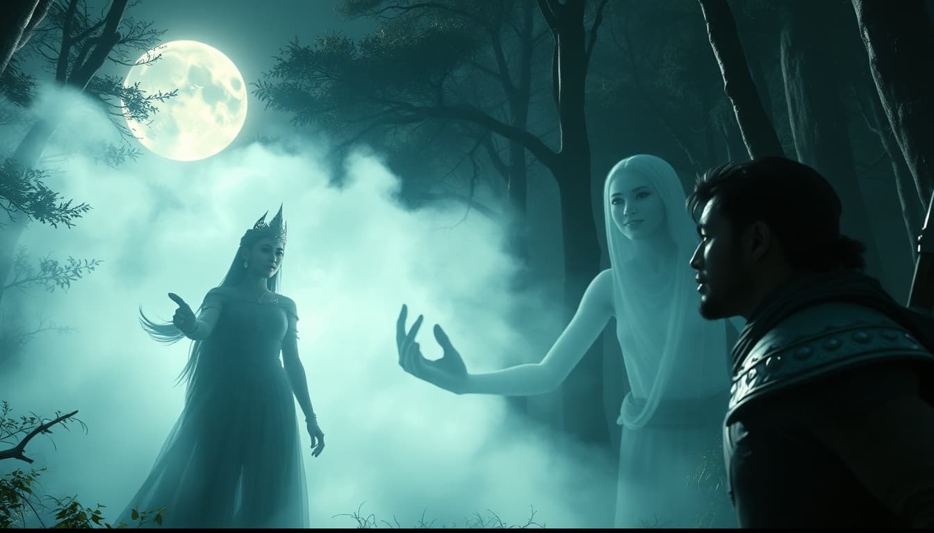 Cinematic post-credit fantasy scene: mystical glowing princess (Ayuna) emerges from white mist in enchanted forest under full moon, male warrior (Arif) emotional and shocked, ghostly spirit of female warrior (Cahaya) smiling in the background fading into light, epic fantasy atmosphere, ultra-detailed CGI, 8k, dramatic lighting, magical haze