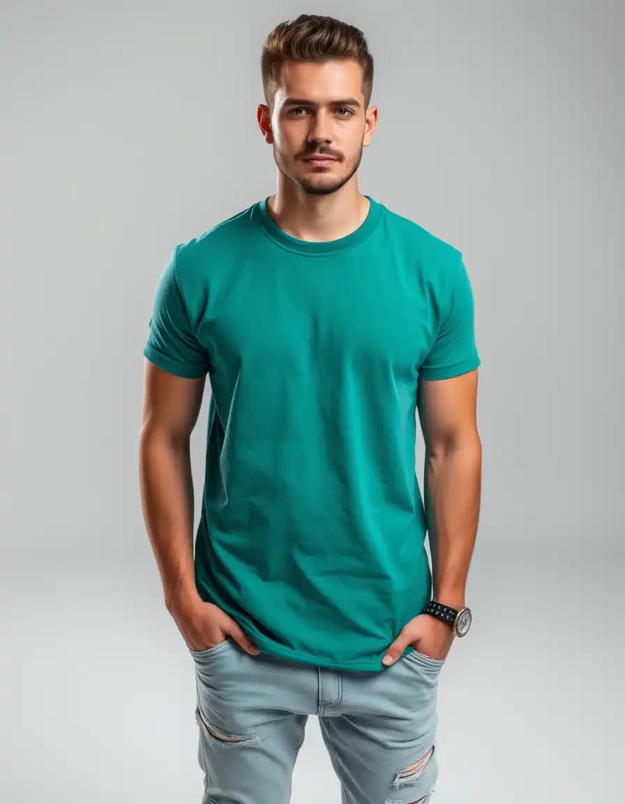 handsome and masculine man in studio photography tshirt fashion outfit