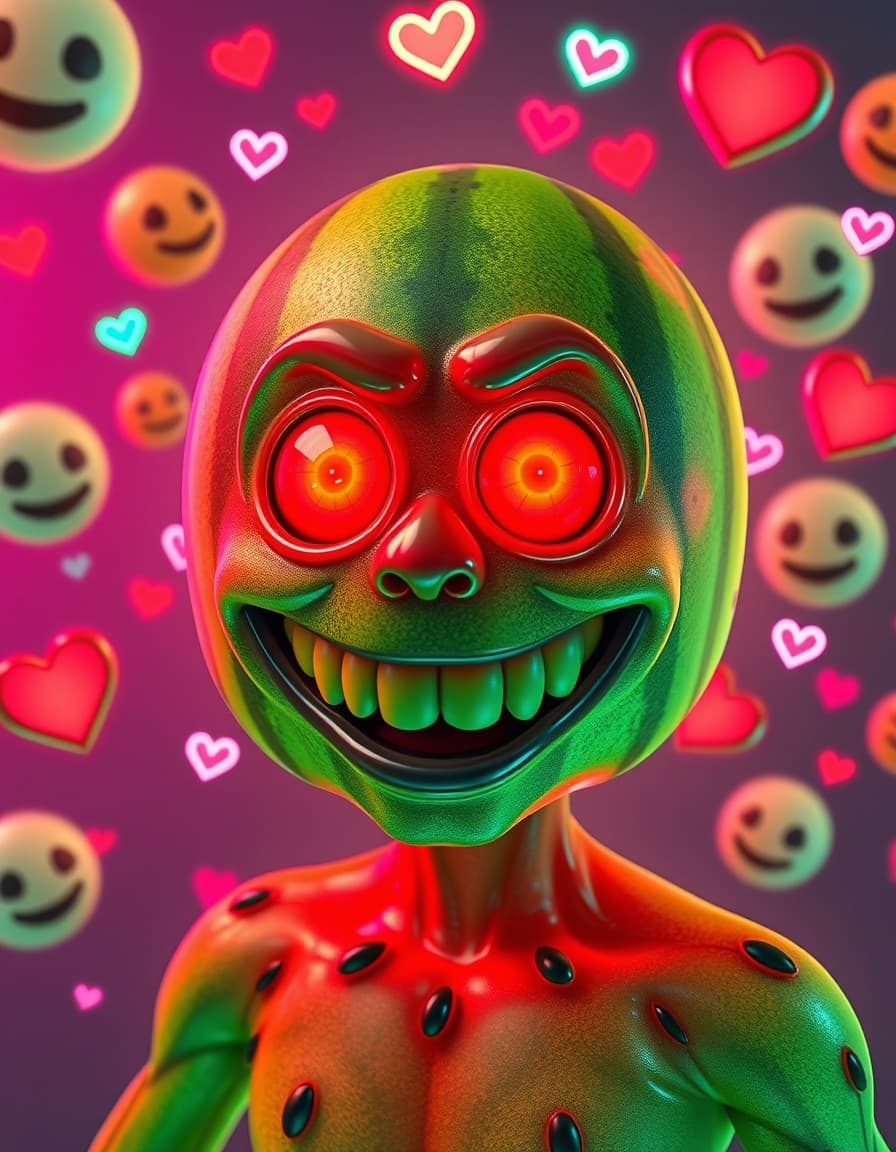A hyper-saturated “brainrot-style” 3D render of a cartoonish humanoid watermelon creature with glowing green skin, glossy red watermelon texture on the face, shiny black seeds, and a huge chaotic smile. The creature has exaggerated facial features, big meme eyes, and absurd proportions. Surrounded by floating emojis, neon lights, and glowing hearts in a vaporwave-style background. The lighting is cinematic and overexposed with glossy reflections, chaotic energy, and meme-core absurd realism. 8K ultra-detailed render, brainrot aesthetic, hyperpop, glossy plastic texture, vibrant pink-green-blue palette.