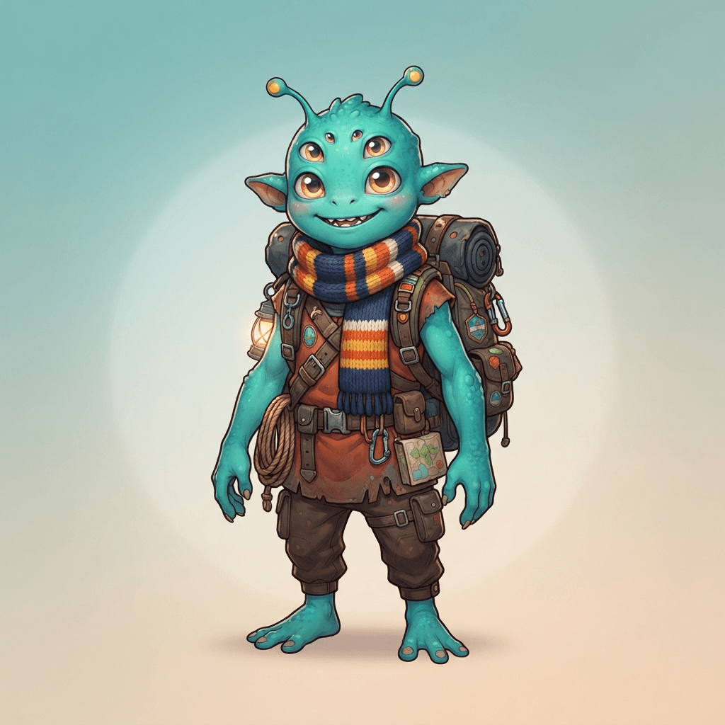 a friendly original alien character with teal skin, four bright eyes, small antennae, wearing a striped scarf and an explorer backpack, full body original character design, clean soft gradient studio background, vibrant, crisp high detail, digital illustration, no text, no words, no watermark