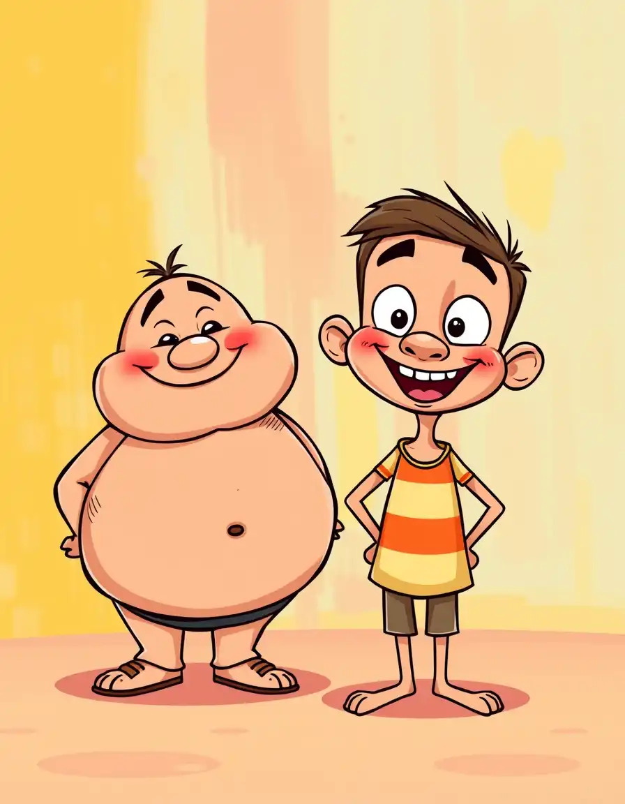 “2 funny cartoon characters, one fat and one thin, colorful background, kids animation style, bright colors, smiling, indian cartoon style”