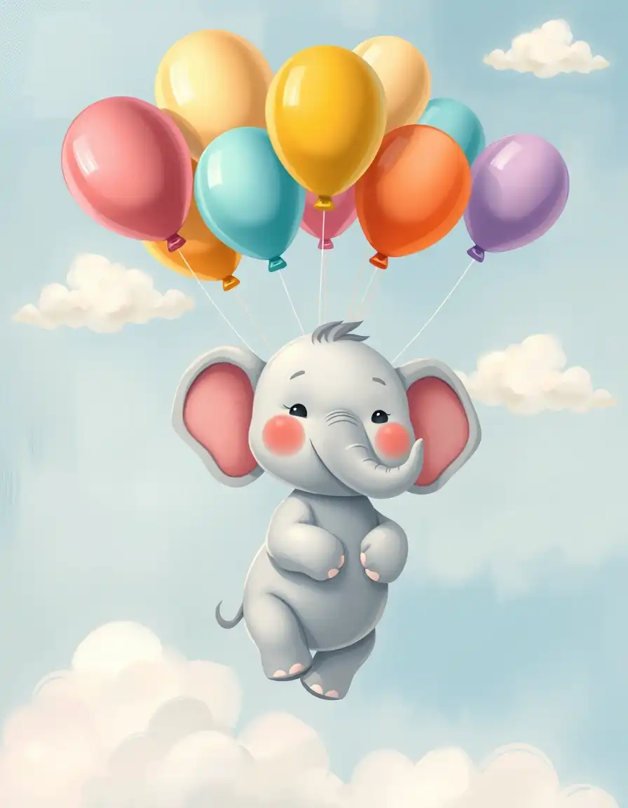 Cute baby elephant holding a bunch of colorful balloons floating gently in the sky, smiling happily with soft fluffy clouds around, nursery wall art illustration, cartoon oil painting style, soft rounded cartoon character design, thick painterly brush strokes, rich oil paint texture, soft blended pastel colors, playful and cheerful baby animal illustration, warm light and gentle shadows, storybook-style oil painting, smooth canvas texture background, charming and cozy baby room decor aesthetic, whimsical children’s illustration, printable nursery wall art, high resolution, 100% original artwork