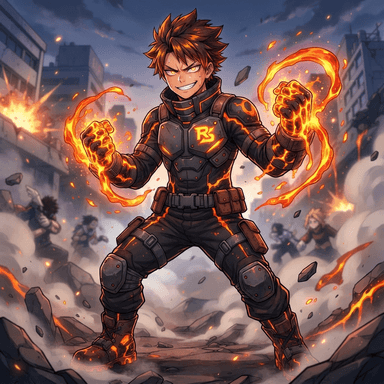 original My Hero Academia style anime hero student, boy with a molten magma emitter quirk, glowing orange lava swirling around his fists, confident smirk, pro hero costume, MHA anime art style