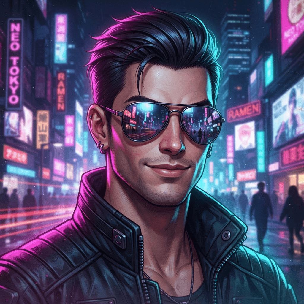 ultra-cool close-up avatar portrait, mirrored sunglasses reflecting neon city lights, magenta and cyan rim lighting, urban night vibe, cool pfp