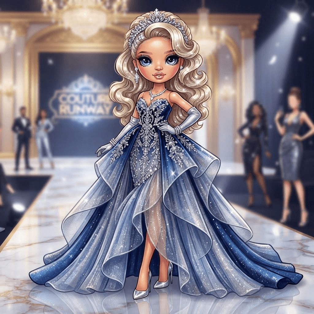 a stylized fashion doll character with a full styled outfit, glossy doll styling, full length gown look, fashion illustration, full body