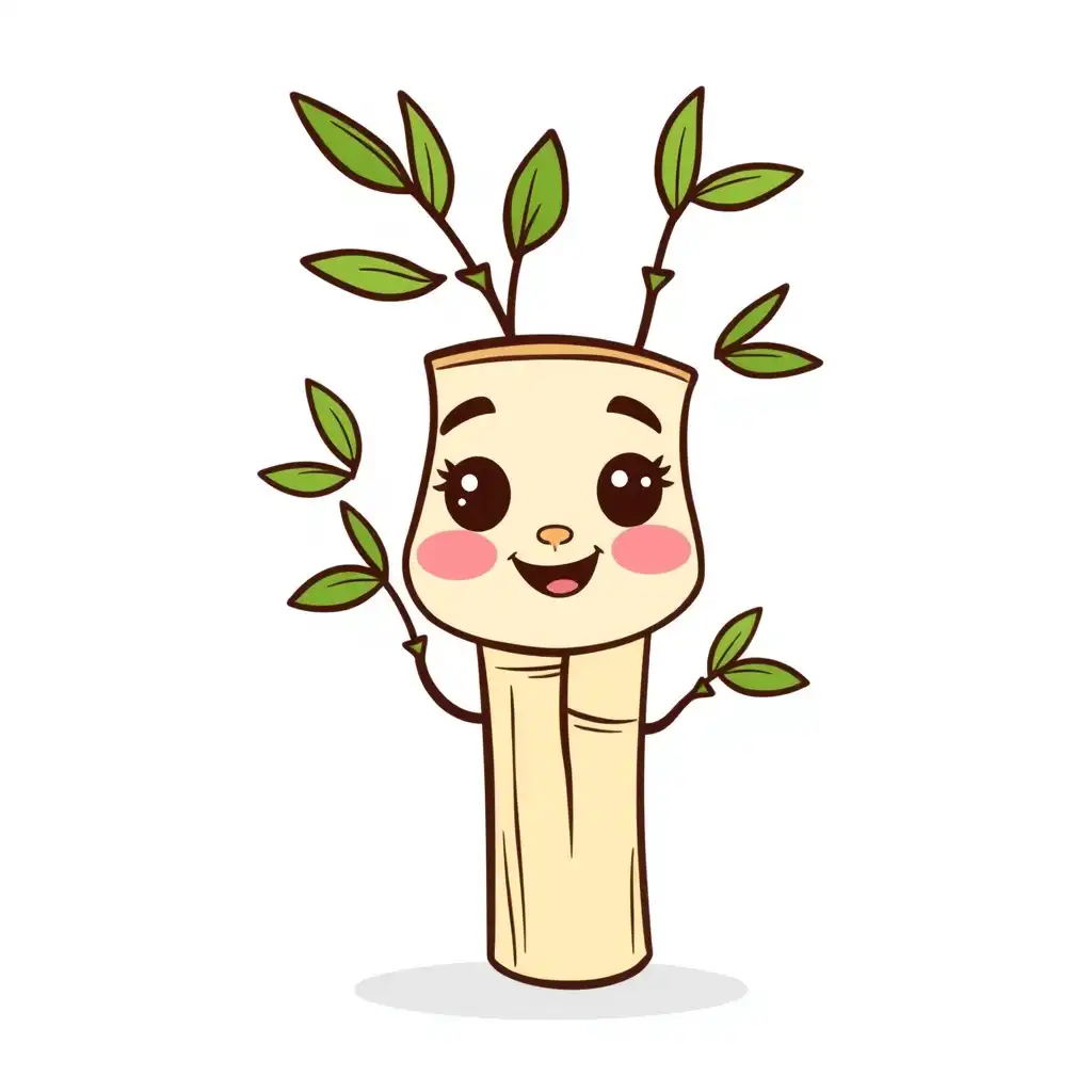 Cheerful bamboo cartoon character, doodle art, minimal quirky design, playful vibe