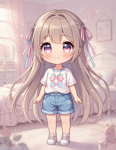 A chibi VTuber standing in a soft pastel bedroom