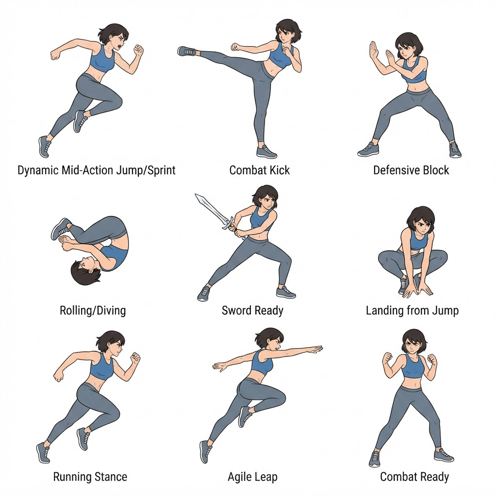 a clean character pose base sheet with several dynamic poses, flat colors, drawing base style