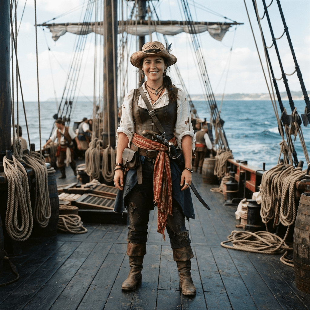 a pirate crew costume with a straw hat, sash and nautical styling on an open deck, cosplay reference, full body, standing portrait