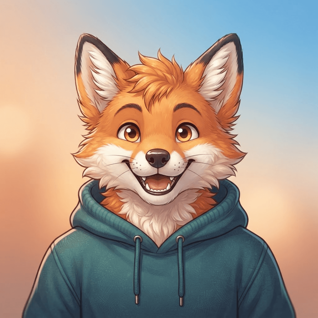 friendly anthro fox fursona headshot avatar, orange and cream fur, teal hoodie, cheerful smile, soft gradient background, vibrant furry art style