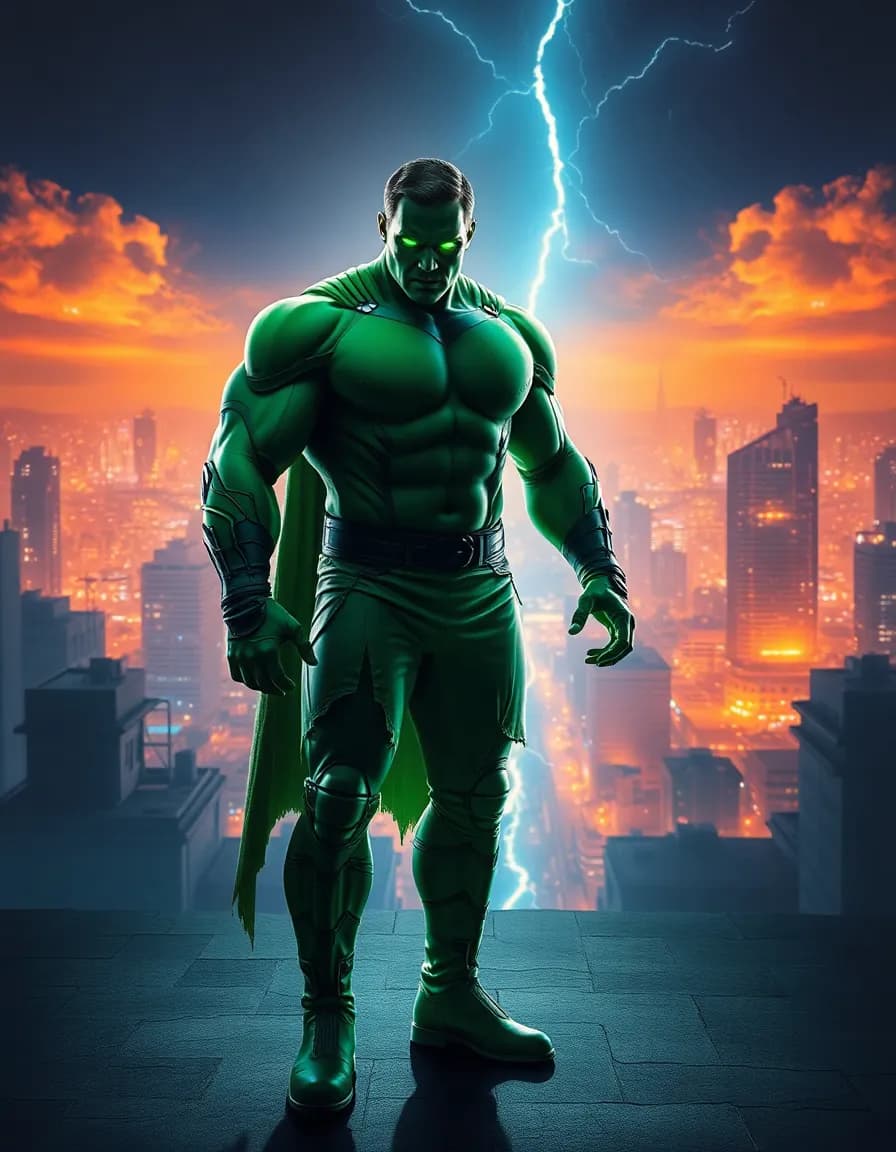 Massive green futuristic superhero standing on rooftop at night, futuristic Indian city behind him, glowing eyes, torn clothes, powerful pose, lightning in sky, heroic cinematic lighting, ultra realistic, epic superhero poster style