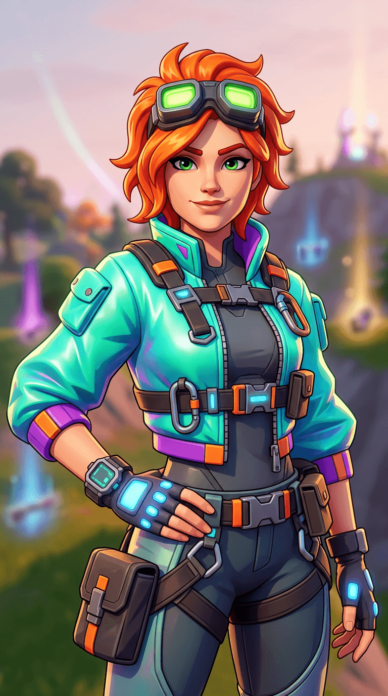 Original character in the Fortnite art style: a stylized 3D battle-royale skin of a confident young woman with a neon teal bomber jacket, tactical harness, goggles pushed up on bright orange hair, heroic pose, chunky proportions, clean stylized shading, colourful island with floating loot glow in the soft background. Portrait framing from the waist up, face in the upper third of the frame, one character only. No text, no logo, no watermark.