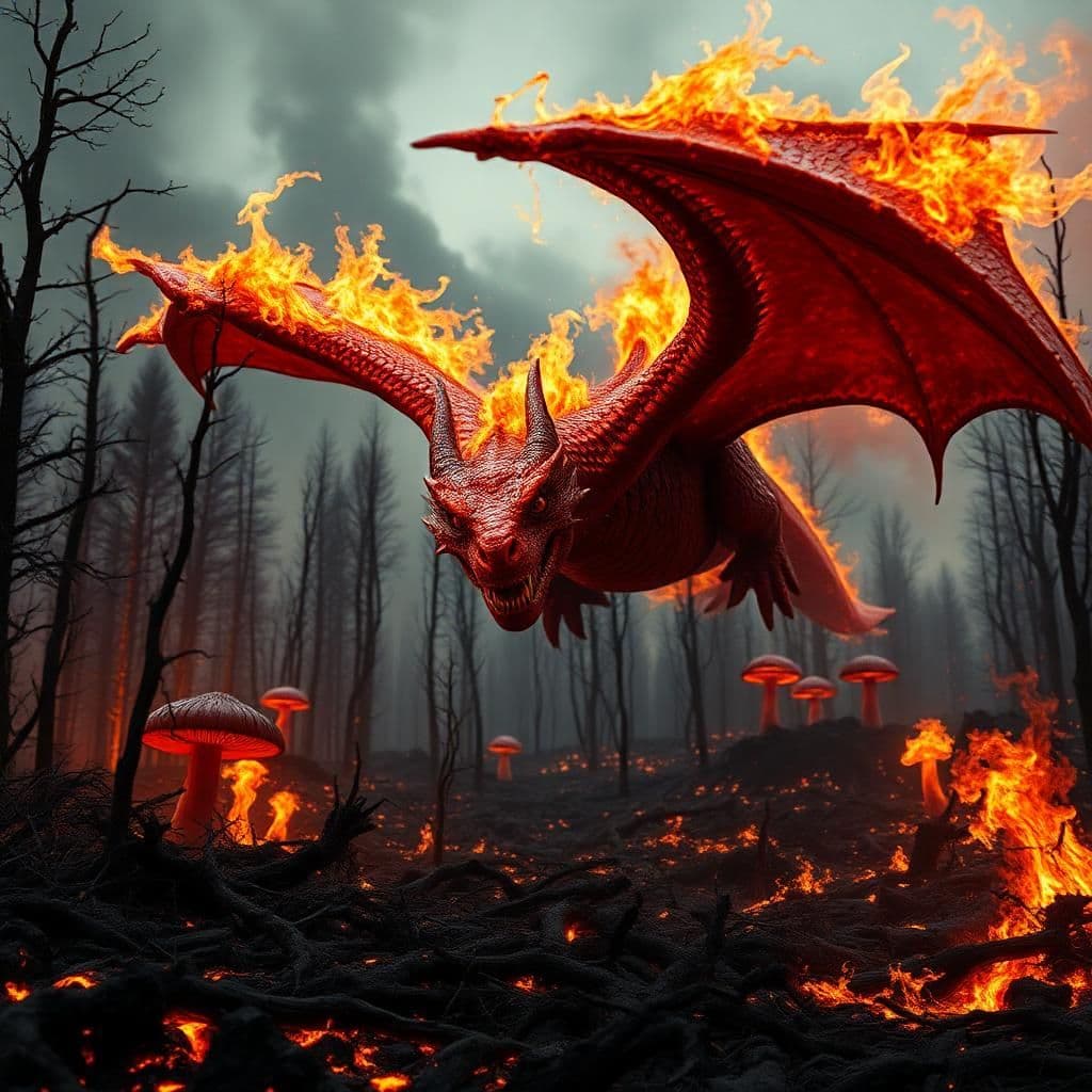 extreme close-up of a dragon bursting through a charred forest, flames engulfing its lava-red scales as it flies at lightning speed. its wings beat fiercely, creating firewhirls that illuminate the darkened surroundings. the dragon's intense, crimson eyes blaze with ancient power, spreading an air of primal fear and awe.
the cinematic showcase of a devastated forest is a warning poster for a dystopian world. trees charred and twisted like brimstones, their blackened roots reaching for the sky. blazing mushrooms erupt like atomic bombs, spreading inferno across the barren land. the abyss of sky meets the fire-hell below, as lava flows through the ravaged terrain.
the camera pans across this devastated landscape, time-lapse effect unfolding chaos, revealing remnants of a once-thriving world reduced to a wasteland of smoke and flames. an otherworldly dragon rules these blazing realms, unleashing fury on everything. a blazing shot of dragon's wings illuminated with electric flames spreading like storm, in a celestial display of power and destruction. the camera goes out-of-control, as fire sweeps across a land consumed by abandoned hell.