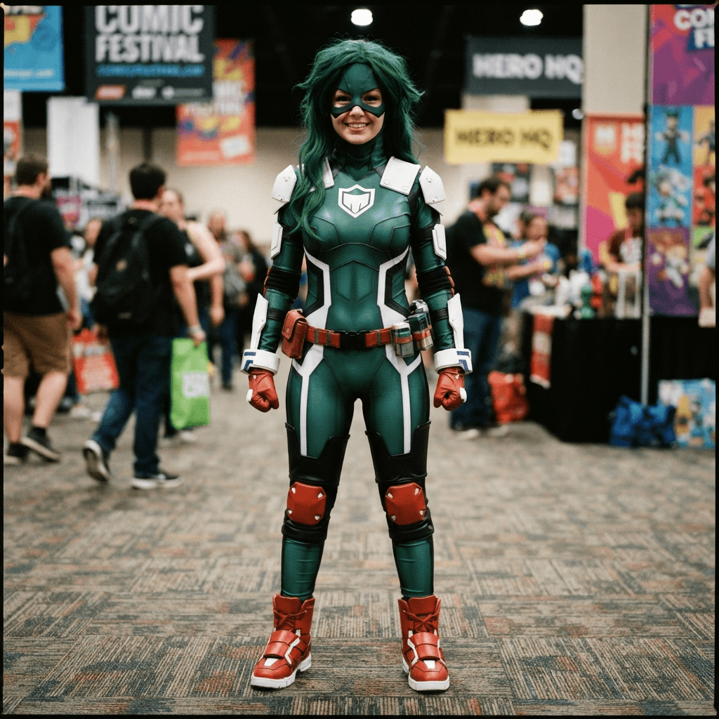 a green haired young hero in a green and white bodysuit with red boots and a face mask, cosplay reference, full body, standing portrait
