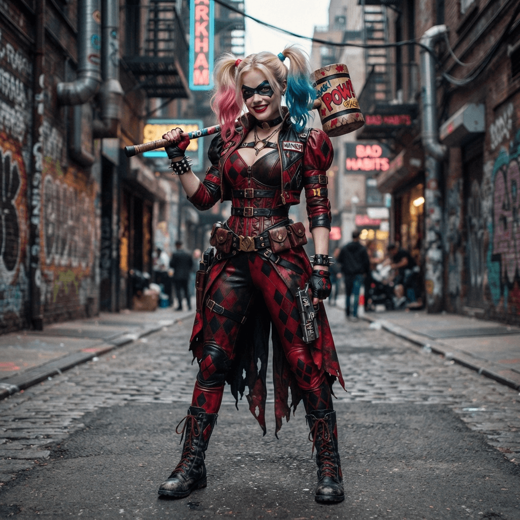 a harlequin themed antihero in red and black diamond pattern with blonde pigtails dyed pink and blue, cosplay reference, full body, standing portrait
