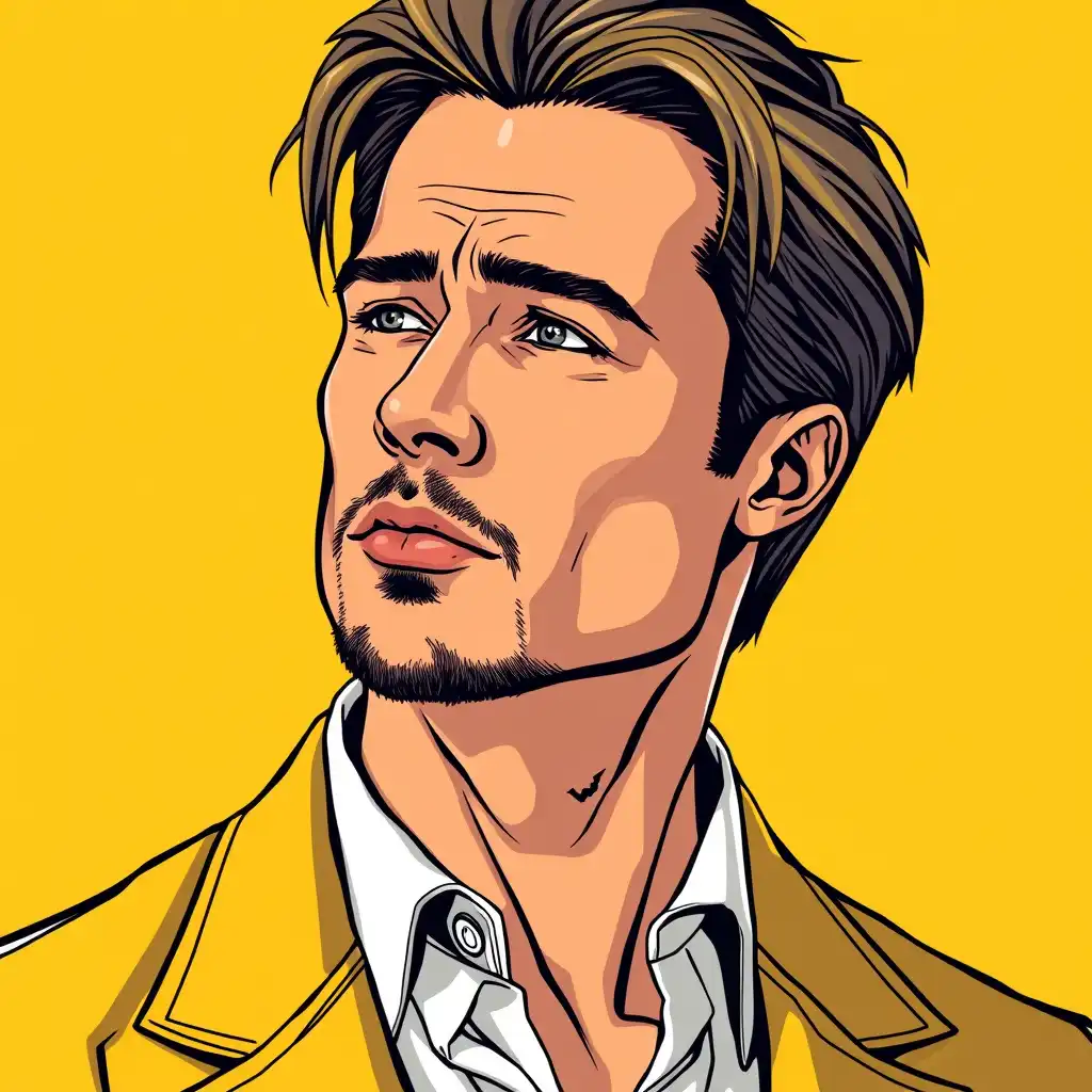 Cool anime PFP, crisp lines and realistic shading, yellow background with geometric flair, Twitter profile size." 5. "Artistic anime PFP, detailed illustration of Brad Pitt, aesthetic yellow optimized for X profile."