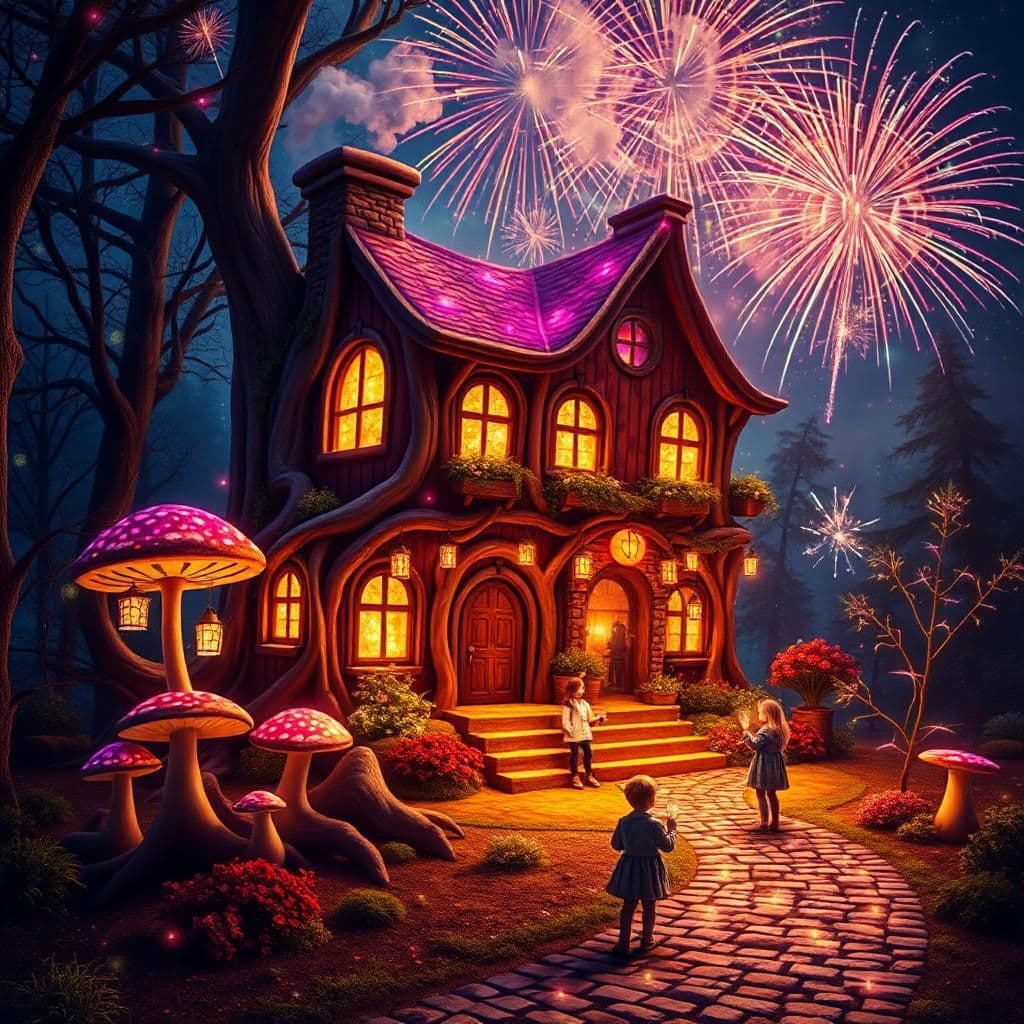 a whimsical, new year's wonderland dream house. hidden deep within the woods, its twisted tree root walls now ablaze with colorful fireworks exploding across the night sky, creating dancing patterns of light and sound.
glowing windows now erupt with vibrant sparks of celebration, as if the house itself were a giant, festive firework. the chimney spews out sparkling smoke, shimmering like stardust. tiny lanterns in the garden bloom with patterns of red, gold, and purple, hanging from tree branches like fireworks in mid-air.
the oversized mushrooms transform into glowing firework stands, shooting their own bursts of light and color across the grounds. the cobblestone path is now a canvas of twinkling led lights, shining like a pathway to a magical future.
beneath the fireworks-infused sky, children and friends gather, clad in coats of glittering silver and gold, laughing and rejoicing with champagne flutes raised high. their faces aglow with wonder, they form a joyful human constellation around the enchanted dream house.
the sky itself is set ablaze with a kaleidoscope of fireworks: stars, roses, and bursts of gold explosions. confetti swirls around the gathering, as if the dream house were a magical portal to a future filled with dreams, hope, and endless possibility. this is the dream house of the new year – a place where magic meets reality, where sparkles and celebrations weave a delicate harmony of wonder and joy.