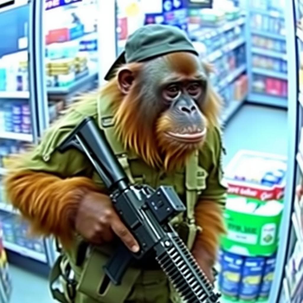 grainy security camera footage of an orangutan wearing a special forces uniform toting a m4 carbine rifle, and wearing a backwards baseball cap standing inside a store