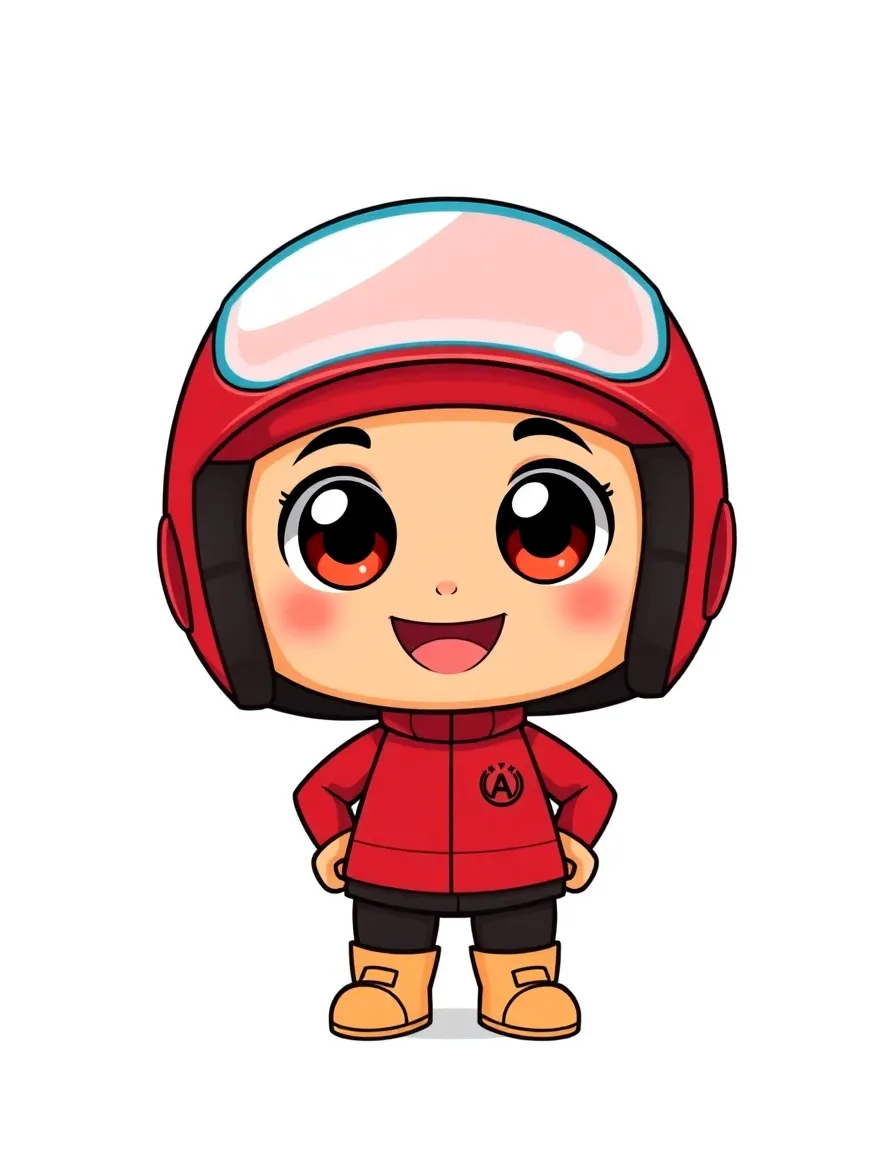 A cute cartoon character with large eyes and a big smile.
The character is standing upright, wearing a red helmet and matching outfit.
The helmet features text, and the outfit includes a logo on the chest.
The background is a plain white, emphasizing the character.
Centered composition focuses on the character without any distractions.
Bright, even lighting highlights the character's vibrant colors.
The color palette includes red, black, and beige tones.
The style is playful and cartoonish, with smooth textures and rounded shapes.
The mood is cheerful and energetic.