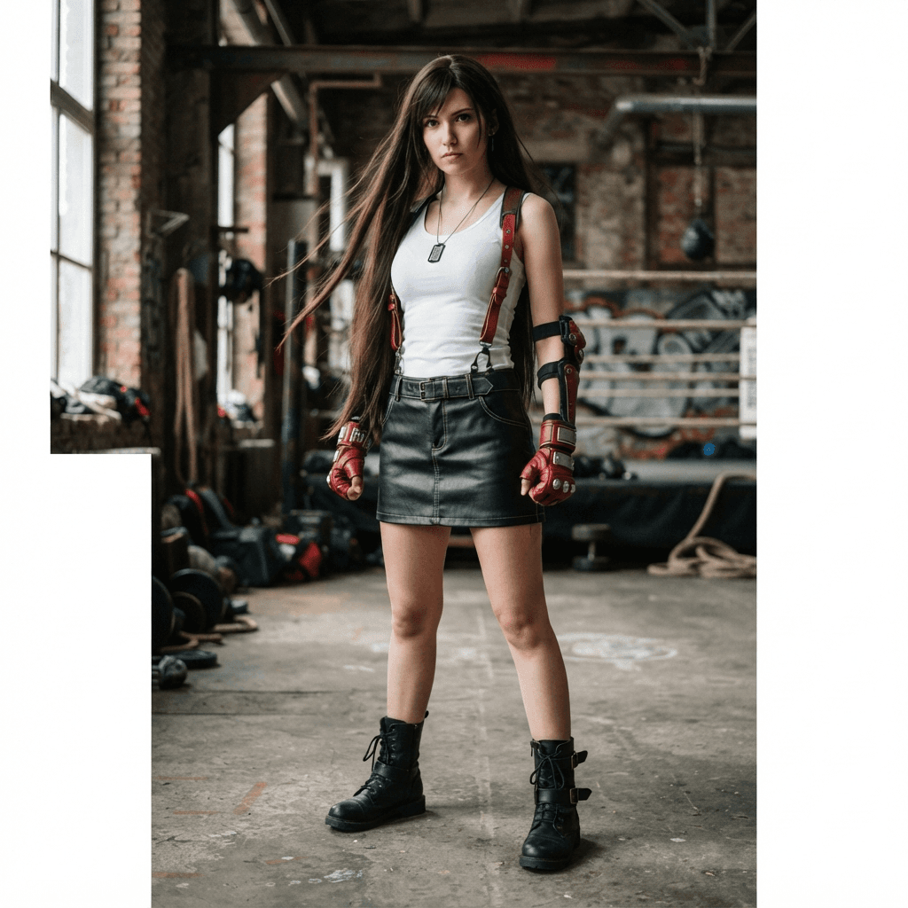 a fighter in a white tank top, black leather skirt, red gloves and suspenders with very long dark hair, cosplay reference, full body, standing portrait