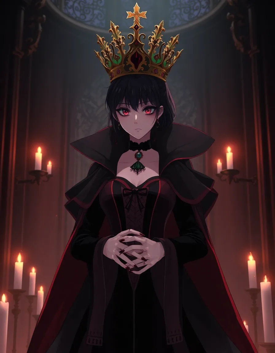 dark queen anime character, elegant black and red royal gown, gothic crown, pale face with intense gaze, candlelit castle chamber, blood-stained hands symbolism, dramatic shadows, psychological villainess aura, cinematic anime lighting --ar 2:3