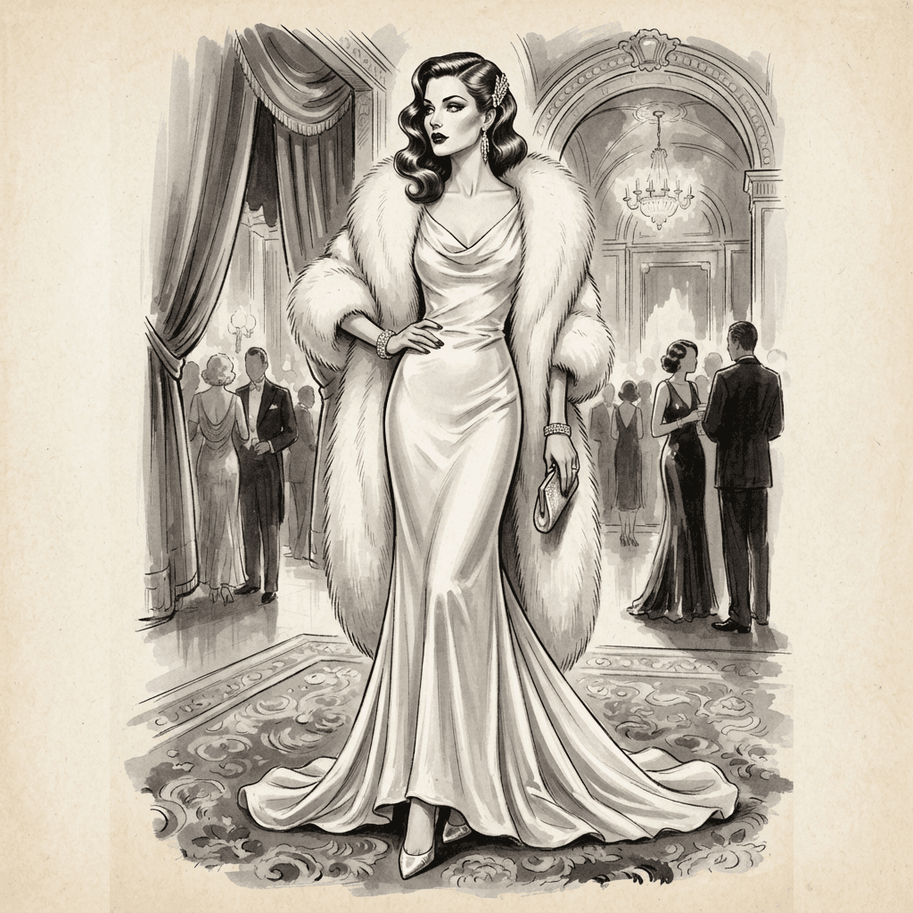 old hollywood fashion, white satin gown, fur wrap, marcel waves, monochrome glamour, full length gown look, fashion illustration, full body