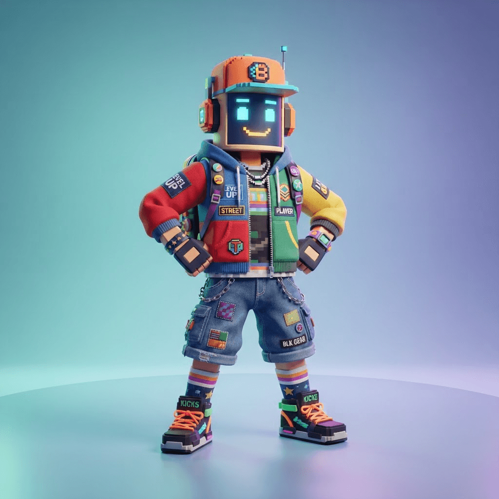 a blocky video game avatar character with a cylindrical head and boxy limbs, colorful streetwear outfit, full body, clean soft gradient studio background, vibrant, crisp high detail, 3d render