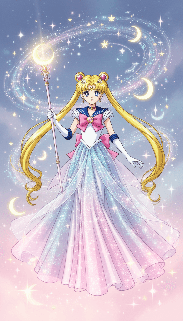Sailor Moon Crystal Style (Elegant Magical Girl): Graceful magical girl, shimmering flowing gown, surrounded by delicate cosmic swirl of stars, crescent moons, holding glowing scepter. Serene, determined expression. Sailor Moon Crystal anime style, elegant character design, vibrant yet soft pastel color palette, sparkling magical effects, clean illustrative linework, shimmering textures on outfit, polished digital animation quality, ethereal glow, 4K illustration.